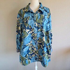 CHAPS No Iron Button Up Shirt Blue Green Floral Geometric Long Sleeve Plus 3X